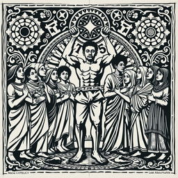 A traditional woodcut (xilogravura) depicting the theme of racism, symbolically represented through various elements showing unity and division