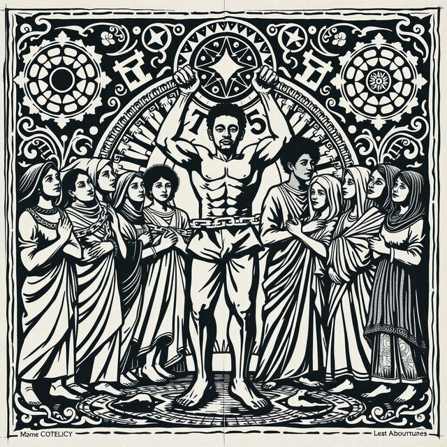A traditional woodcut (xilogravura) depicting the theme of racism, symbolically represented through various elements showing unity and division