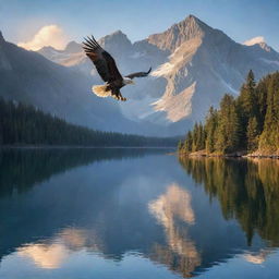 A serene and breathtaking mountainous landscape with a majestic eagle soaring high in the sky over a crystal clear lake, reflecting the splendor of the setting sun.