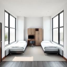 A rectangular room design featuring two large windows on one of the long walls, allowing natural light to flood in