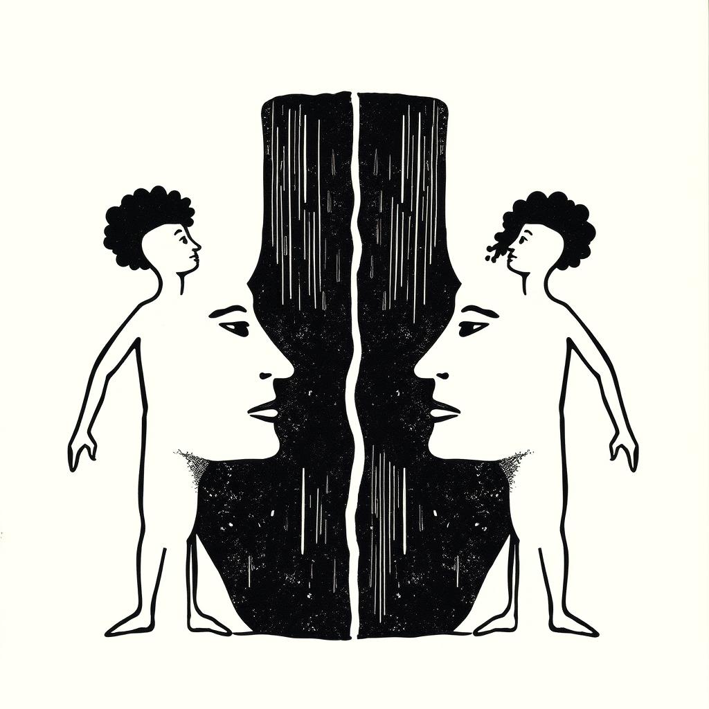 A minimalist traditional woodcut (xilogravura) depicting racism, featuring two figures each on opposite sides of the artwork, symbolizing separation