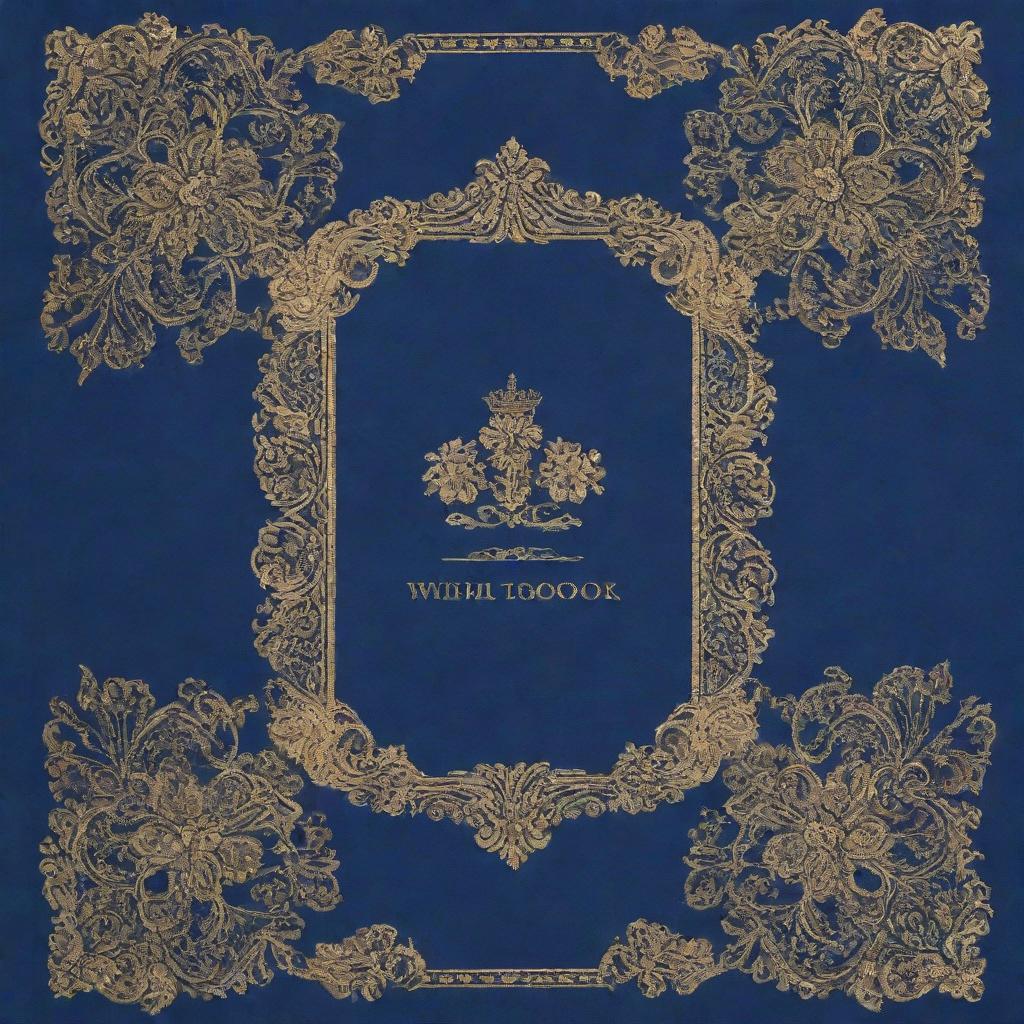 A sophisticated yearbook cover featuring royal blue as the base color with intricate gold accents and detailed designs