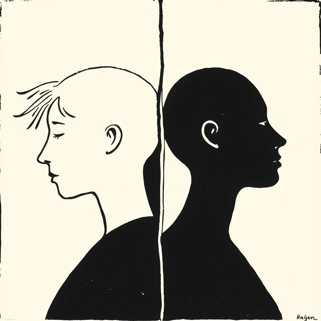 A minimalist traditional woodcut (xilogravura) depicting racism, featuring two figures each on opposite sides of the artwork, symbolizing separation