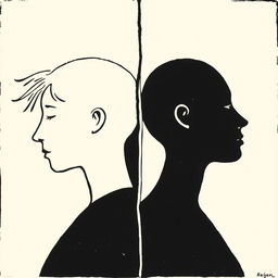 A minimalist traditional woodcut (xilogravura) depicting racism, featuring two figures each on opposite sides of the artwork, symbolizing separation