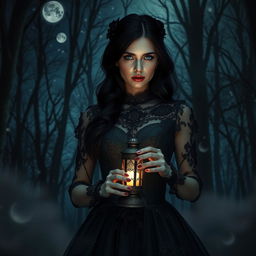 An elegant dark-haired woman wearing an elaborate gothic dress adorned with lace and intricate details stands in a moonlit forest