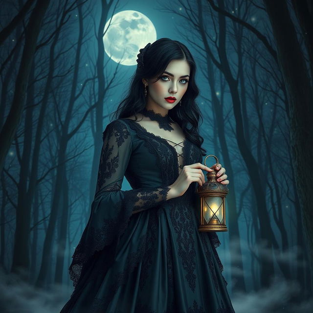 An elegant dark-haired woman wearing an elaborate gothic dress adorned with lace and intricate details stands in a moonlit forest