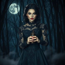 An elegant dark-haired woman wearing an elaborate gothic dress adorned with lace and intricate details stands in a moonlit forest