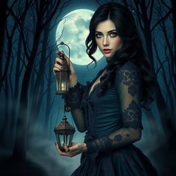 An elegant dark-haired woman wearing an elaborate gothic dress adorned with lace and intricate details stands in a moonlit forest