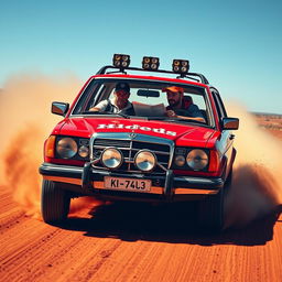 A hyper-realistic depiction of wild Australian outback racing featuring a 1980s red Mercedes wagon with rally stickers prominently displayed