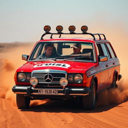 A hyper-realistic depiction of wild Australian outback racing featuring a 1980s red Mercedes wagon with rally stickers prominently displayed