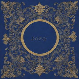 A sophisticated yearbook cover featuring royal blue as the base color with intricate gold accents and detailed designs