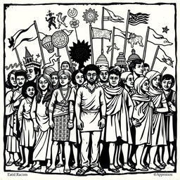 A traditional woodcut (xilogravura) exploring the theme of racism, featuring a variety of figures representing different ethnicities