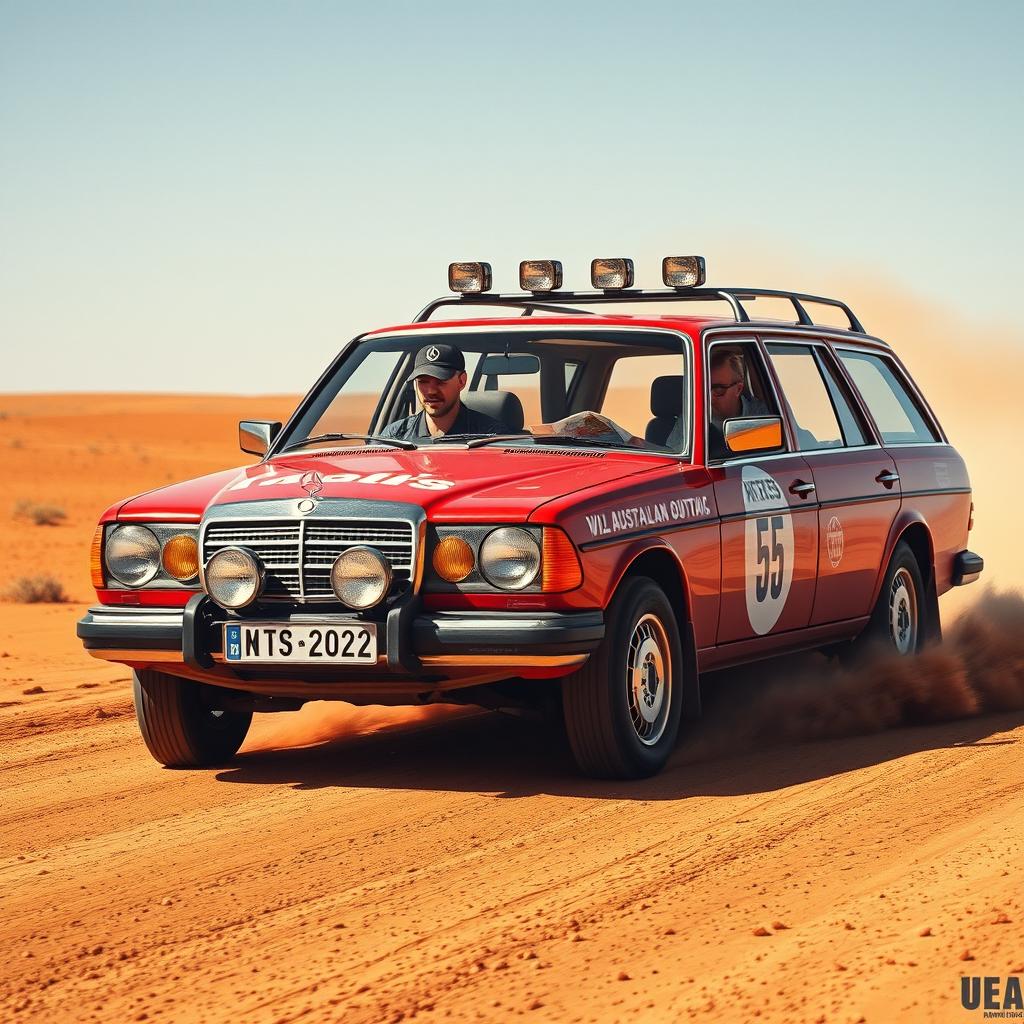 A hyper-realistic depiction of wild Australian outback racing featuring a 1980s red Mercedes wagon with rally stickers prominently displayed