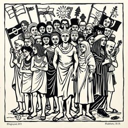 A traditional woodcut (xilogravura) exploring the theme of racism, featuring a variety of figures representing different ethnicities