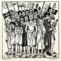 A traditional woodcut (xilogravura) exploring the theme of racism, featuring a variety of figures representing different ethnicities