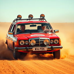 A hyper-realistic depiction of wild Australian outback racing featuring a 1980s red Mercedes wagon with rally stickers prominently displayed