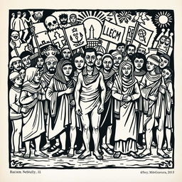 A traditional woodcut (xilogravura) exploring the theme of racism, featuring a variety of figures representing different ethnicities