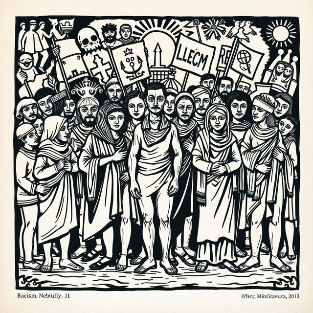 A traditional woodcut (xilogravura) exploring the theme of racism, featuring a variety of figures representing different ethnicities