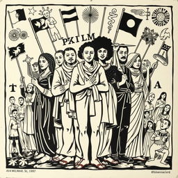 A traditional woodcut (xilogravura) exploring the theme of racism, featuring a variety of figures representing different ethnicities