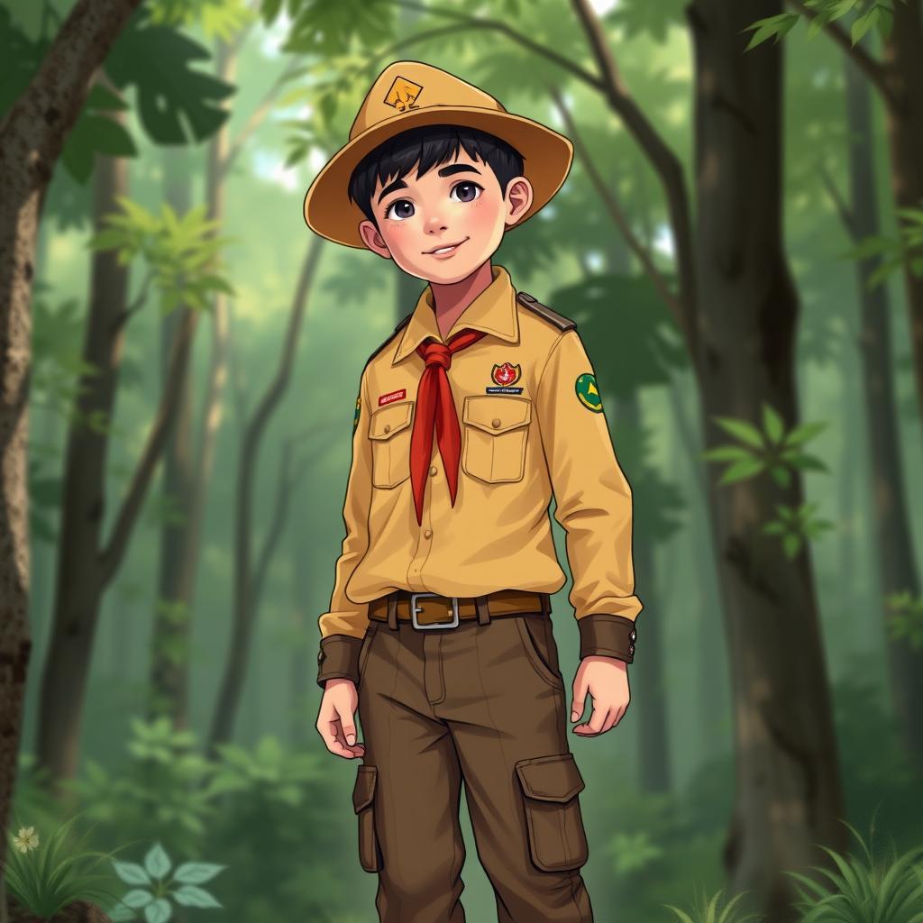 A realistic illustration of a young boy wearing a long-sleeved scout uniform