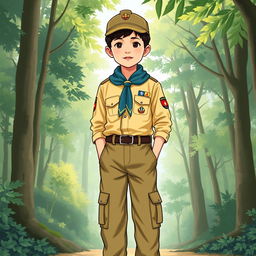 A realistic illustration of a young boy wearing a long-sleeved scout uniform