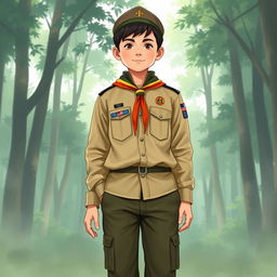 A realistic illustration of a young boy wearing a long-sleeved scout uniform