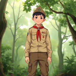 A realistic illustration of a young boy wearing a long-sleeved scout uniform