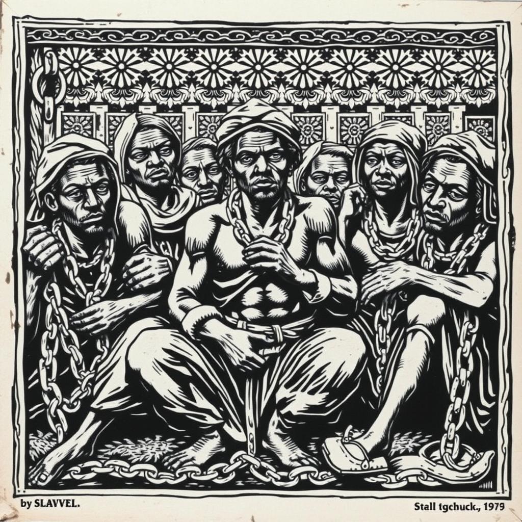 A traditional woodcut (xilogravura) featuring the harrowing yet historical depiction of slavery