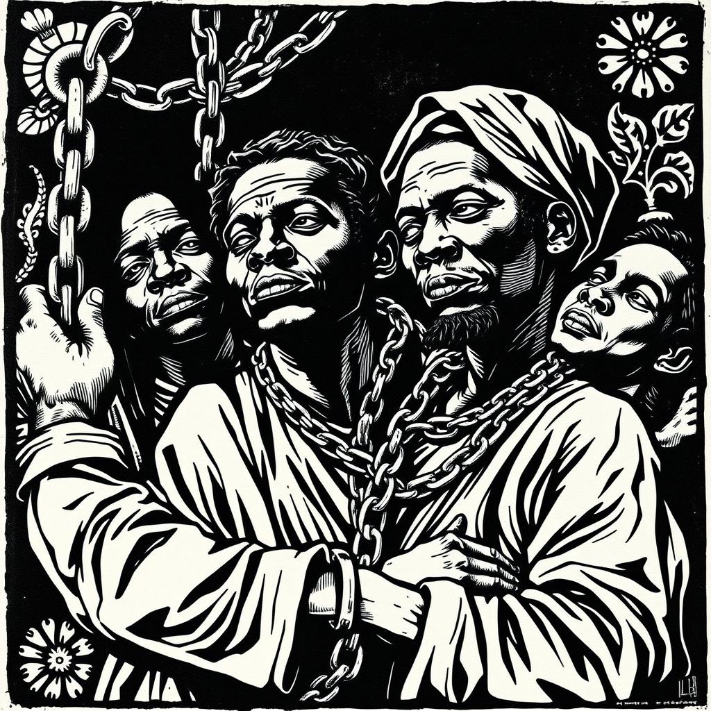 A traditional woodcut (xilogravura) featuring the harrowing yet historical depiction of slavery