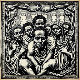 A traditional woodcut (xilogravura) featuring the harrowing yet historical depiction of slavery