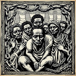 A traditional woodcut (xilogravura) featuring the harrowing yet historical depiction of slavery