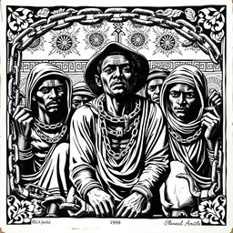 A traditional woodcut (xilogravura) featuring the harrowing yet historical depiction of slavery