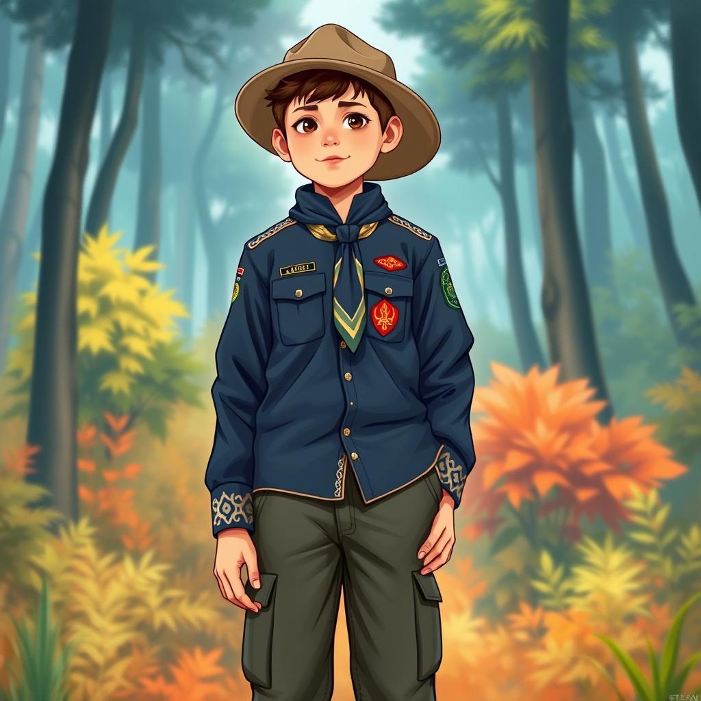 A realistic illustration of a young boy wearing a long-sleeved scout uniform in navy blue, with a unique design featuring cream batik patterns on the round neckline and sleeve cuffs