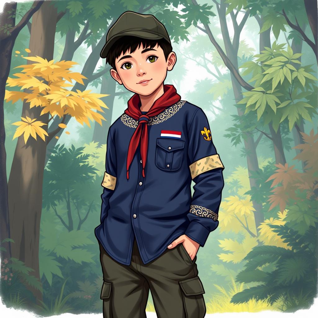 A realistic illustration of a young boy wearing a long-sleeved scout uniform in navy blue, with a unique design featuring cream batik patterns on the round neckline and sleeve cuffs