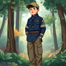 A realistic illustration of a young boy wearing a long-sleeved scout uniform in navy blue, with a unique design featuring cream batik patterns on the round neckline and sleeve cuffs