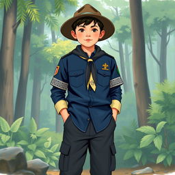 A realistic illustration of a young boy wearing a long-sleeved scout uniform in navy blue, with a unique design featuring cream batik patterns on the round neckline and sleeve cuffs