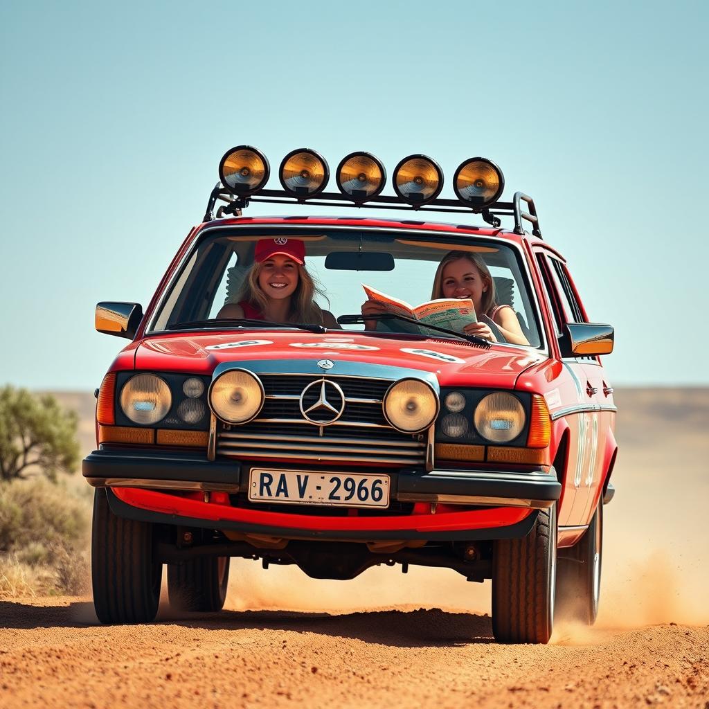 A hyper-realistic depiction of wild Australian outback racing featuring a 1980s red Mercedes wagon with rally stickers prominently displayed on its body