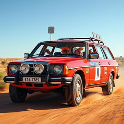 A hyper-realistic depiction of wild Australian outback racing featuring a 1980s red Mercedes wagon with rally stickers prominently displayed on its body