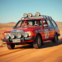 A hyper-realistic depiction of wild Australian outback racing featuring a 1980s red Mercedes wagon with rally stickers prominently displayed on its body