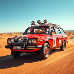 A hyper-realistic depiction of wild Australian outback racing featuring a 1980s red Mercedes wagon with rally stickers prominently displayed on its body