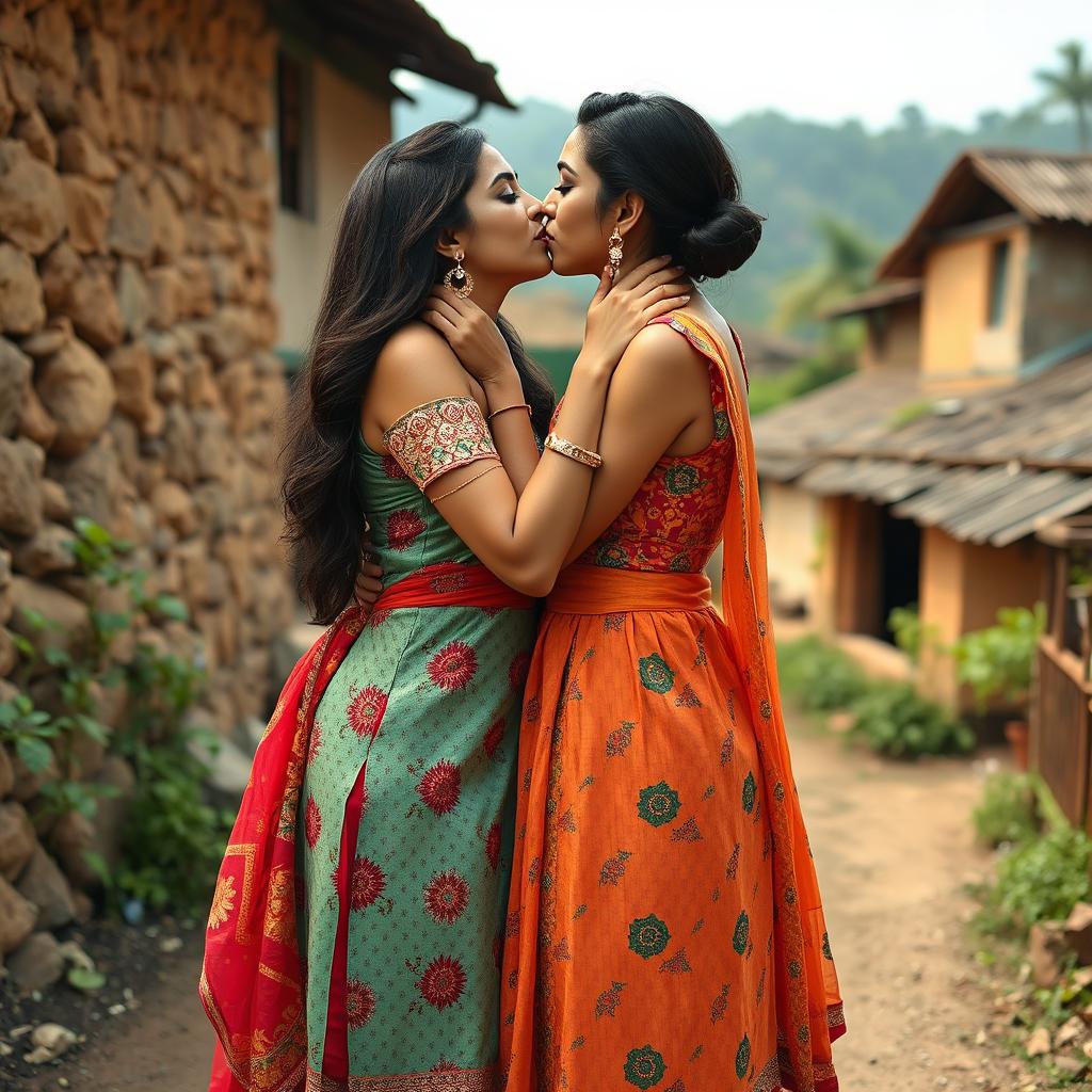 Two sexy women in short, traditional-inspired desi dresses, deeply kissing each other in a picturesque village setting