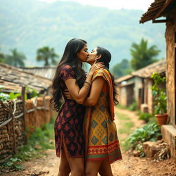 Two sexy women in short, traditional-inspired desi dresses, deeply kissing each other in a picturesque village setting