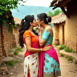 Two sexy women in short, traditional-inspired desi dresses, deeply kissing each other in a picturesque village setting