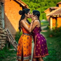 Two sexy women in short, traditional-inspired desi dresses, deeply kissing each other in a picturesque village setting