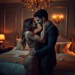 A couple in a bedroom engaged in a passionate embrace, surrounded by a romantic and intimate ambiance