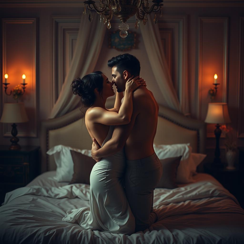 A couple in a bedroom engaged in a passionate embrace, surrounded by a romantic and intimate ambiance