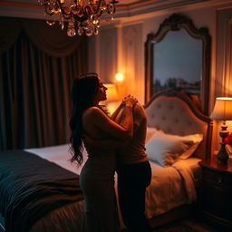 A couple in a bedroom engaged in a passionate embrace, surrounded by a romantic and intimate ambiance