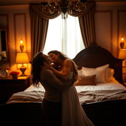 A couple in a bedroom engaged in a passionate embrace, surrounded by a romantic and intimate ambiance