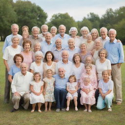 A large, cheerful family of 30 people, spanning multiple generations, from adorable babies to venerable elders. They're grouped together, depicting unity and love, against a background of a spacious outdoor location.