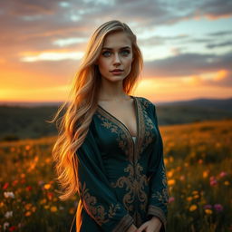 A beautiful woman with long, flowing blonde hair and piercing blue eyes stands confidently in the setting sun